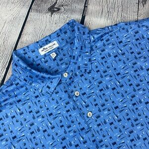 Peter Millar Polo Shirt Men XL Blue‎ Landmark Tailgate BBQ AOP Summer Comfort